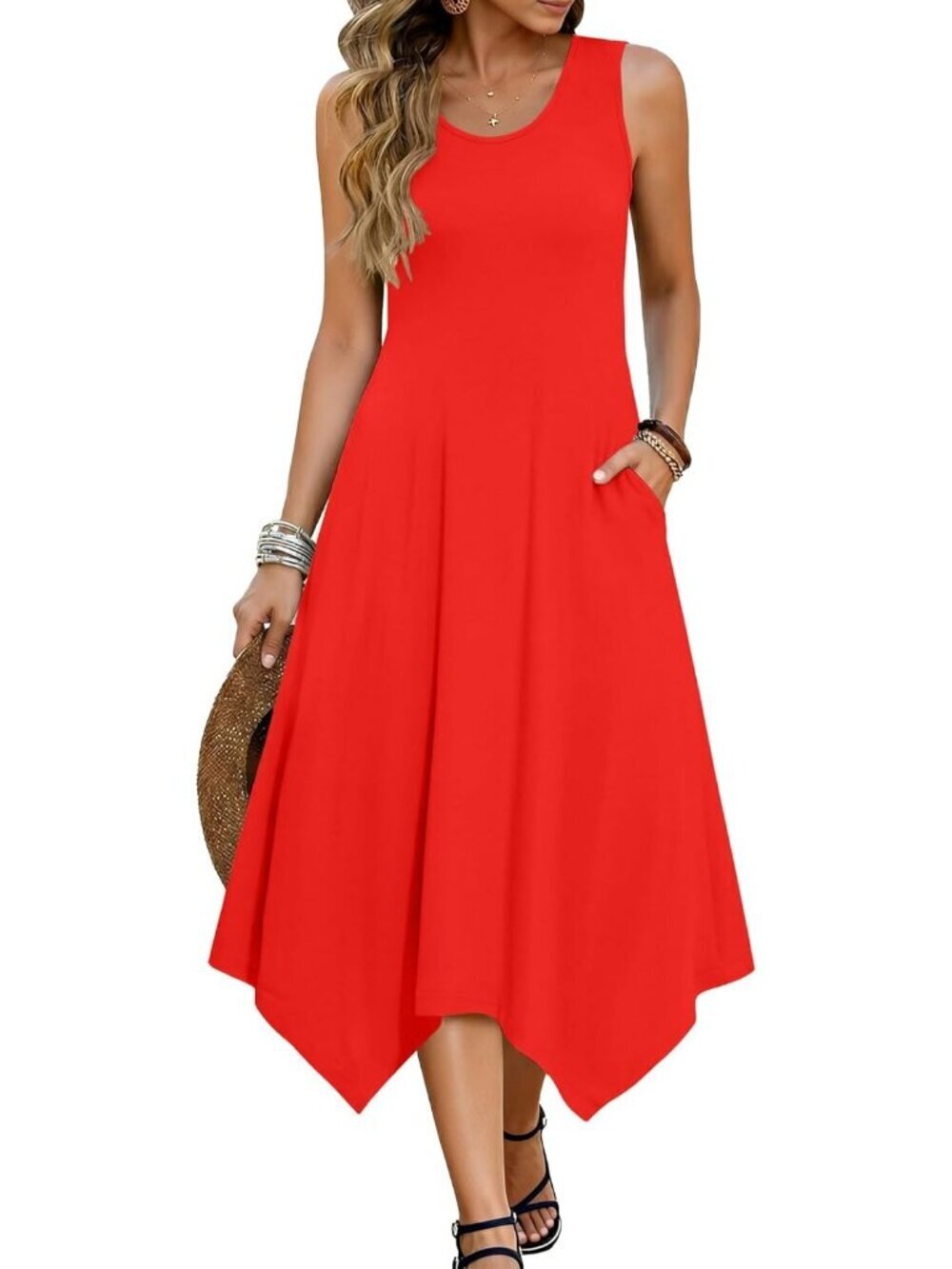 Hotouch Women's Floral Solid Red Sleeveless Sundress Hankerchief Beach Dress